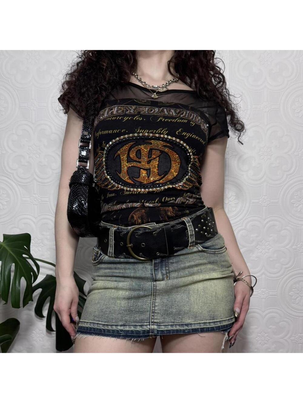 Y2K One Tuff Babe Denim Mini Skirt Light Wash Raw Hem w/ Chunky Belt Size 1/2